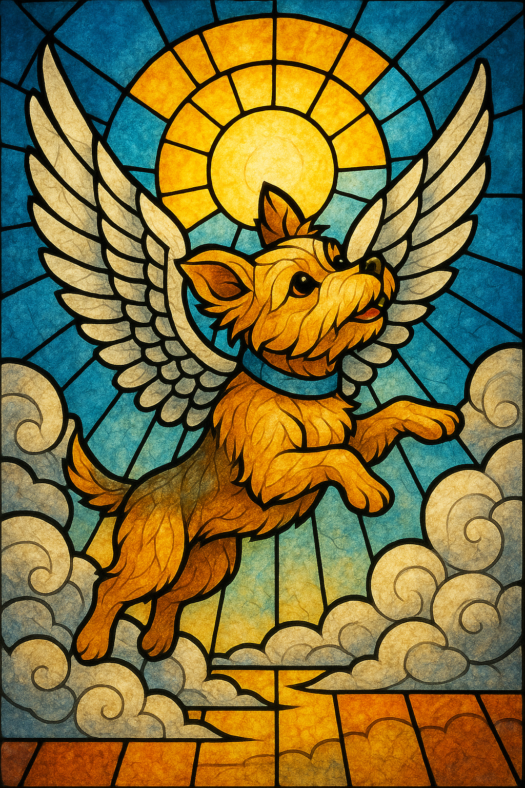 Stained glass artwork of a dog with angel wings